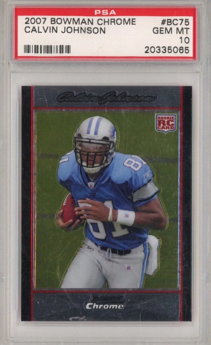 2007 Bowman Chrome Calvin Johnson Rookie Card PSA 10 Gem Mint BC75: 2007 Bowman Chrome Calvin Johnson Rookie Card PSA 10 Gem Mint BC75 This is a graded 2007 Bowman Chrome Calvin Johnson #BC75 Rookie RC Card, rated PSA 10 Gem Mint. The card features Calvin Johnson, a s