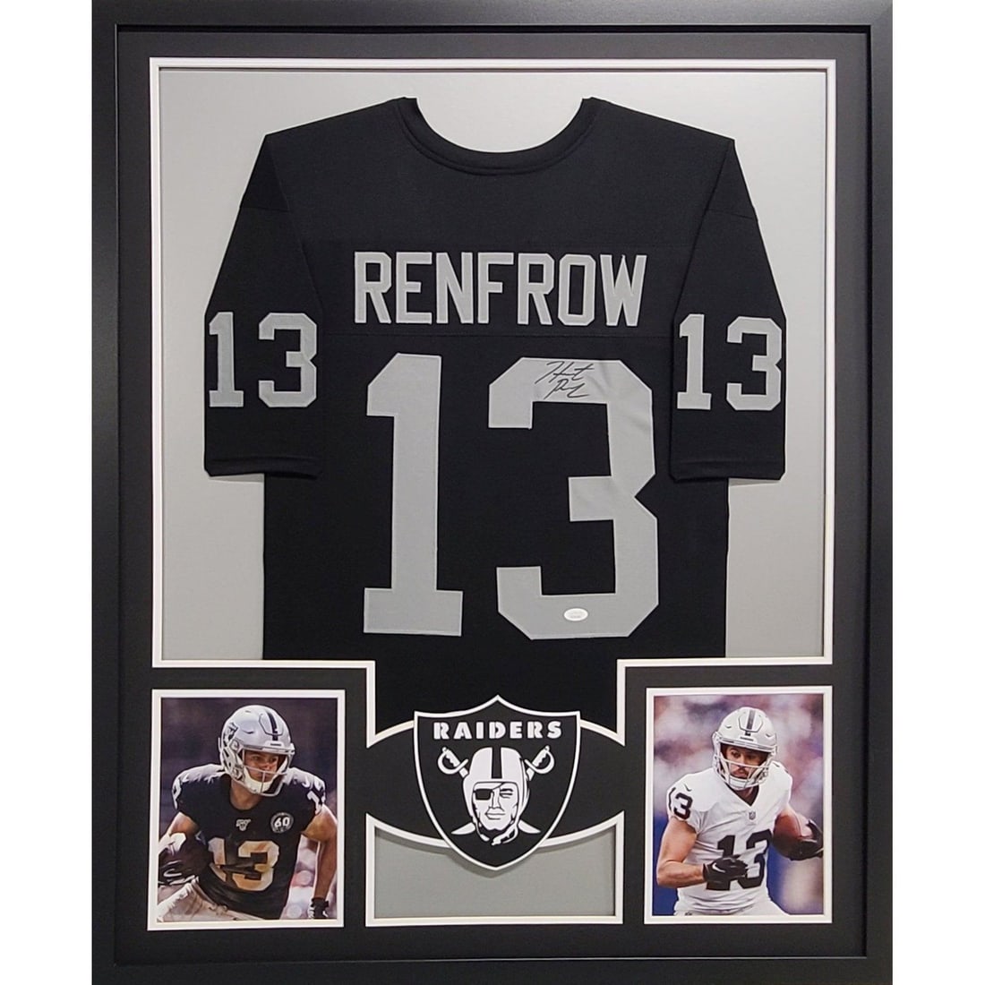 Framed JSA Authenticated Hunter Renfrow Signed Las Vegas Raiders Jersey: Framed JSA Authenticated Hunter Renfrow Signed Las Vegas Raiders Jersey This framed Las Vegas Raiders jersey features the autograph of Hunter Renfrow. The jersey is authenticated by JSA and includes a