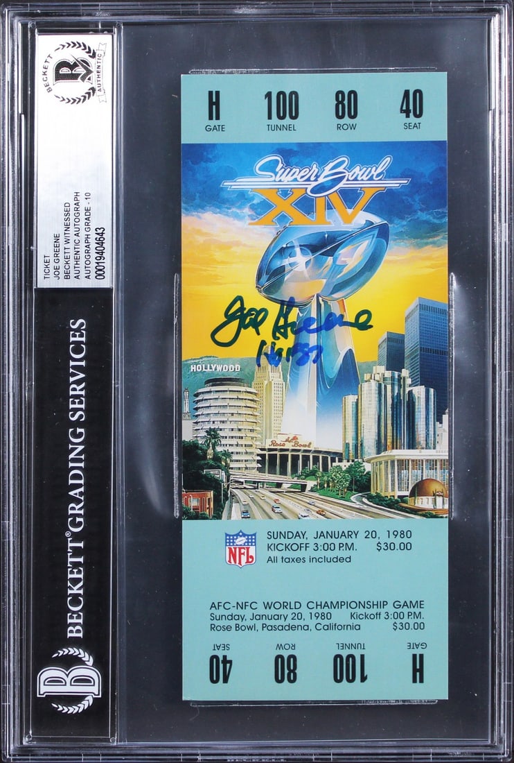 Joe Greene Signed Super Bowl XIV Replica Ticket Beckett Slabbed Auto 10 Steelers: Joe Greene Signed Super Bowl XIV Replica Ticket Beckett Slabbed Auto 10 Steelers This is a replica ticket stub from Super Bowl XIV held on January 20, 1980, featuring the matchup between the Pittsburg