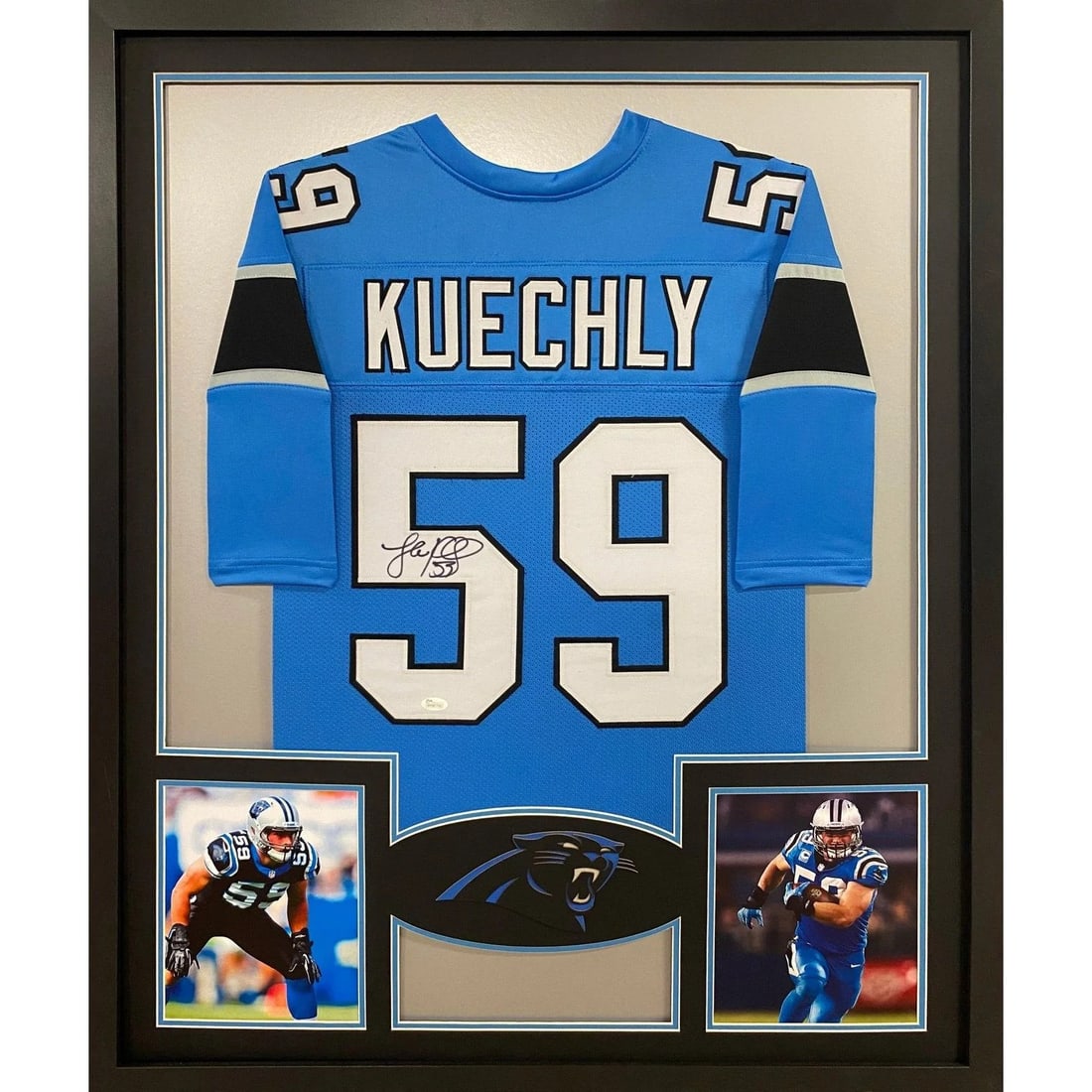 Framed Carolina Panthers Jersey Signed by Luke Kuechly with JSA Authentication: Framed Carolina Panthers Jersey Signed by Luke Kuechly with JSA Authentication This framed Carolina Panthers jersey is autographed by Luke Kuechly. The jersey comes professionally framed with attentio