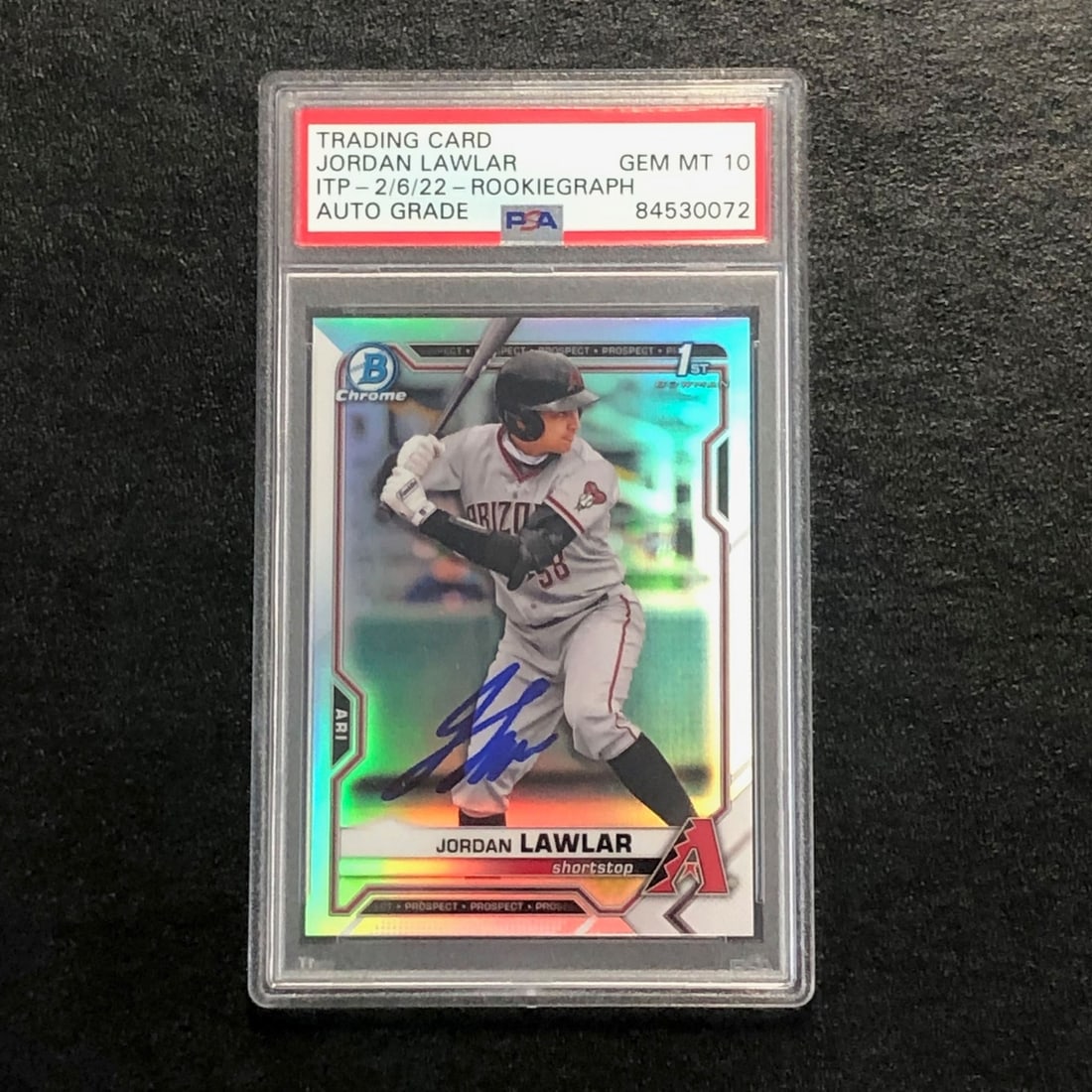 2021 Bowman Chrome Jordan Lawlar Signed Refractor PSA 10 Auto: 2021 Bowman Chrome Jordan Lawlar Signed Refractor PSA 10 Auto This 2021 Bowman Chrome Refractor #BDC-194 card features the signature of rising baseball star Jordan Lawlar. The autograph has been authe