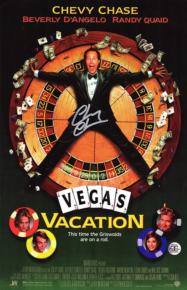 Chevy Chase Signed Vegas Vacation Movie Poster with COA 11x17: Chevy Chase Signed Vegas Vacation Movie Poster with COA 11x17 This is an original movie poster for the classic film 'Vegas Vacation,' measuring 11x17 inches and signed by Chevy Chase. The item comes w