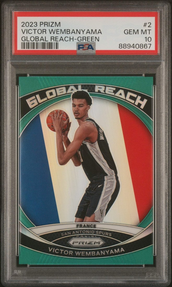 2023 Prizm Victor Wembanyama #2 Green Basketball Card PSA 10: 2023 Prizm Victor Wembanyama #2 Green Basketball Card PSA 10 This 2023 Prizm Victor Wembanyama #2 Global Reach Green Basketball Card is a must-have for collectors and fans alike. Graded a perfect 10 b
