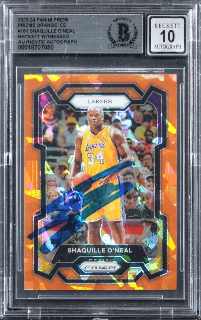 2023 Panini Prizm Orange Ice 181 Shaquille O'Neal BAS Slabbed Auto Grade 10: 2023 Panini Prizm Orange Ice 181 Shaquille O'Neal BAS Slabbed Auto Grade 10 This is an original 2023 Panini Prizm Orange Ice #181 trading card, personally signed by Shaquille O'Neal of the Los Angeles