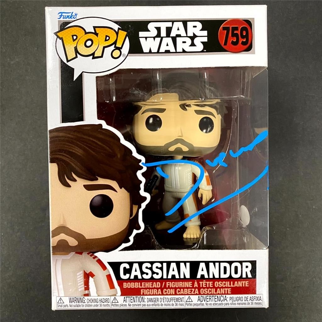 Funko Pop 759 Cassian Andor signed by Diego Luna JSA: Funko Pop 759 Cassian Andor signed by Diego Luna JSA This Funko Pop! figure of Cassian Andor from Star Wars is personally signed by Diego Luna. The autograph is authenticated by James Spence Authentic