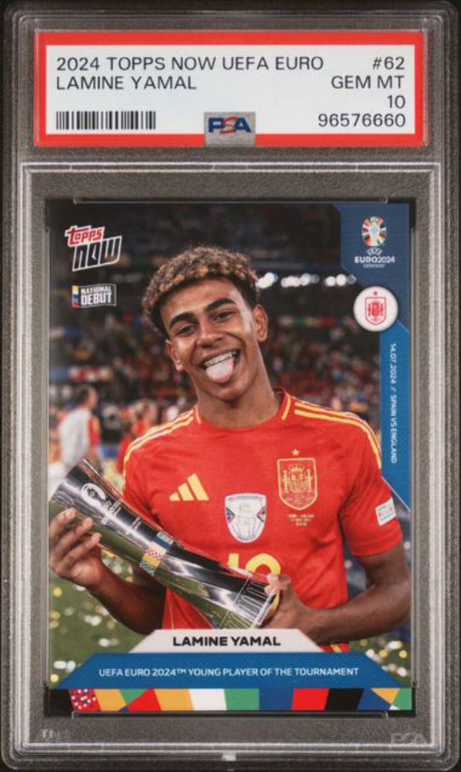 PSA 10 Lamine Yamal Rookie 2024 Topps Now UEFA Euro Card Gem Mint: PSA 10 Lamine Yamal Rookie 2024 Topps Now UEFA Euro Card Gem Mint This is an original 2024 Topps Now UEFA Euro #62 rookie card featuring Lamine Yamal of the Spain national team. The card has been enca