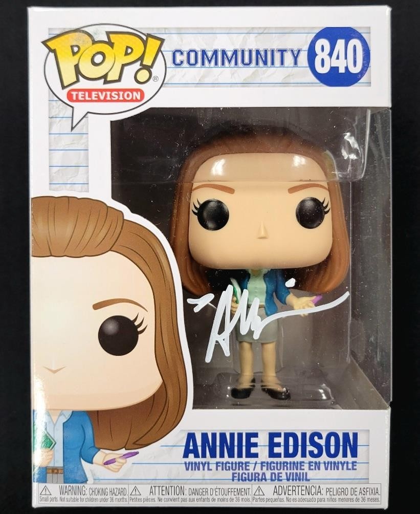 Alison Brie Signed Funko Pop Annie Edison Community Beckett Authenticated: Alison Brie Signed Funko Pop Annie Edison Community Beckett Authenticated This is an original Funko Pop figure of Annie Edison from the popular show Community, signed by actress Alison Brie. The autog