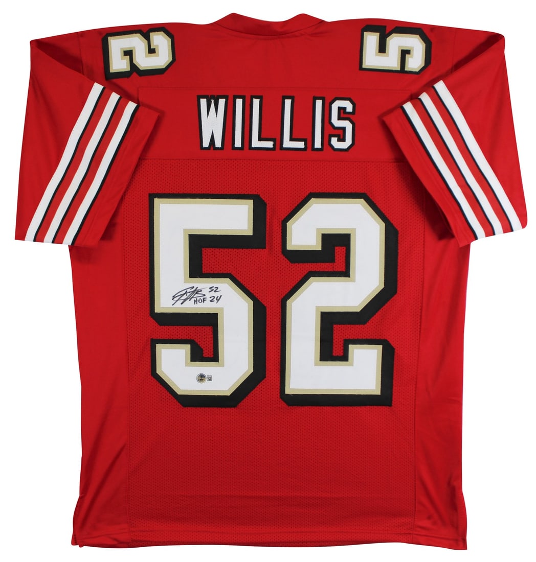 Red Pro Style Jersey Signed by Patrick Willis With HOF 24 Inscription BAS Witnessed: Red Pro Style Jersey Signed by Patrick Willis With HOF 24 Inscription BAS Witnessed This red pro style jersey features custom stitching and drop shadow detailing, and has been personally signed by Pat