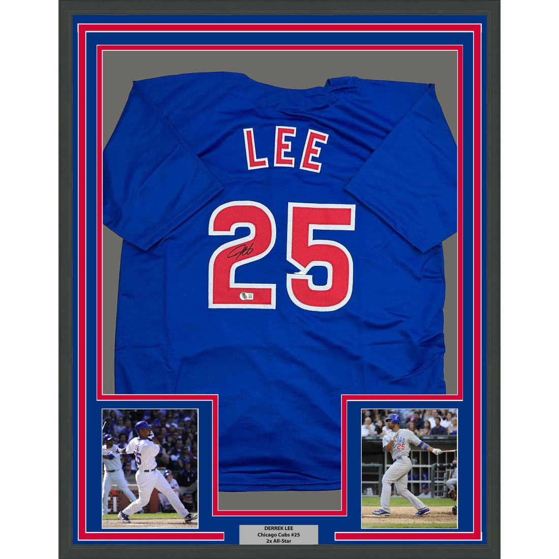 Derrek Lee Signed Chicago Cubs Blue Jersey in 35x39 Frame Beckett Authenticated: Derrek Lee Signed Chicago Cubs Blue Jersey in 35x39 Frame Beckett Authenticated This professionally framed and matted display features an autographed Derrek Lee Chicago Cubs blue jersey. The jersey is