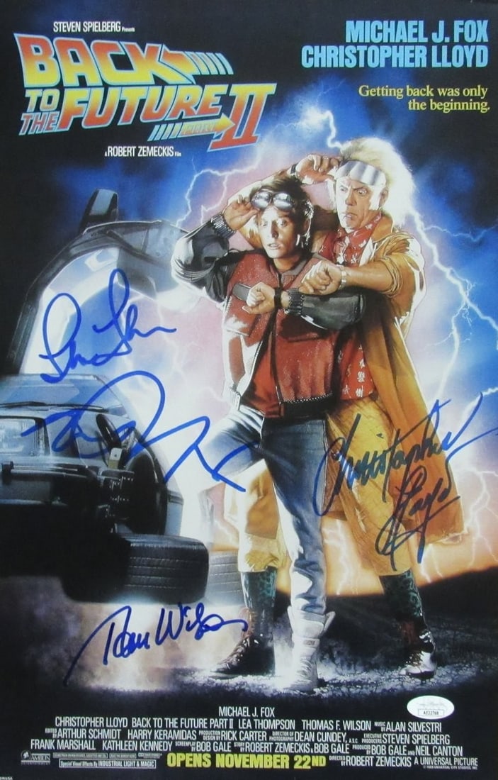Michael J Fox Christopher Lloyd Signed 11x17 Back to the Future II JSA Authentic: Michael J Fox Christopher Lloyd Signed 11x17 Back to the Future II JSA Authentic This is an original, multi-autographed 11x17 photo from the iconic movie "Back to the Future II," featuring signatures 