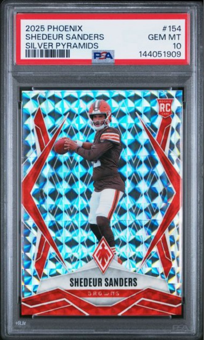 PSA 10 Shedeur Sanders Silver Pyramids 2025 Phoenix Rookie Card #154: PSA 10 Shedeur Sanders Silver Pyramids 2025 Phoenix Rookie Card #154 This is an original 2025 Phoenix Shedeur Sanders #154 Silver Pyramids RC football card, graded PSA 10 by Professional Sports Authen