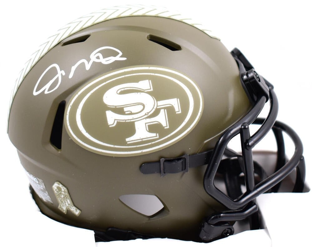 Joe Montana Signed 49ers Mini Helmet Beckett Authenticated: Joe Montana Signed 49ers Mini Helmet Beckett Authenticated Celebrate the legacy of Joe Montana with this autographed San Francisco 49ers Salute to Service Speed Mini Helmet. This original collectible 