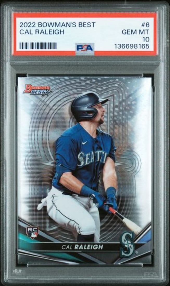 PSA 10 Gem Mint Cal Raleigh 2022 Bowmans Best Rookie Card #6: PSA 10 Gem Mint Cal Raleigh 2022 Bowmans Best Rookie Card #6 This is an original 2022 Topps Bowman's Best Cal Raleigh #6 rookie card, professionally graded by PSA as a 10 Gem Mint. The card features C