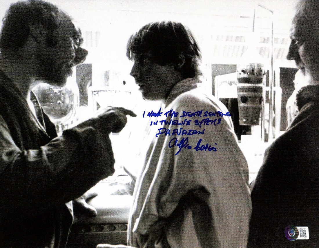 11x14 Alfie Curtis Autographed Star Wars Dr. Evazan Photo With Quote Beckett LOA: 11x14 Alfie Curtis Autographed Star Wars Dr. Evazan Photo With Quote Beckett LOA This is an original 11x14 photograph signed and inscribed by Alfie Curtis, who portrayed Dr. Evazan in Star Wars. The a