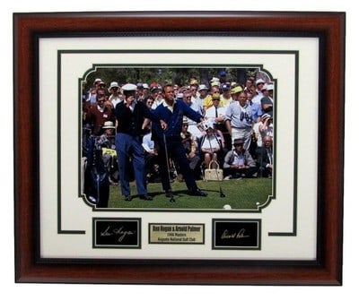1966 Masters Framed 11x14 Photo Palmer Hogan Laser Engraved Autographs: 1966 Masters Framed 11x14 Photo Palmer Hogan Laser Engraved Autographs This is an 11x14 framed photo from the 1966 Masters, featuring Arnold Palmer and Ben Hogan. The piece includes laser engraved aut