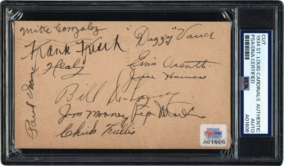 1934 St. Louis Cardinals Team Signed Postcard PSA Authenticated: 1934 St. Louis Cardinals Team Signed Postcard PSA Authenticated Celebrate baseball history with this original government postcard from 1934, commemorating the St. Louis Cardinals' World Series Champio