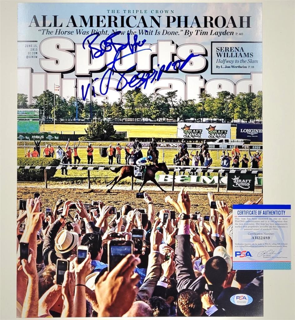 Victor Espinoza Bob Baffert Signed Horse Racing Photo 11x14 PSA Authenticated: Victor Espinoza Bob Baffert Signed Horse Racing Photo 11x14 PSA Authenticated This is an original 11x14 photo of Victor Espinoza and Bob Baffert, both prominent figures in horse racing, signed by them