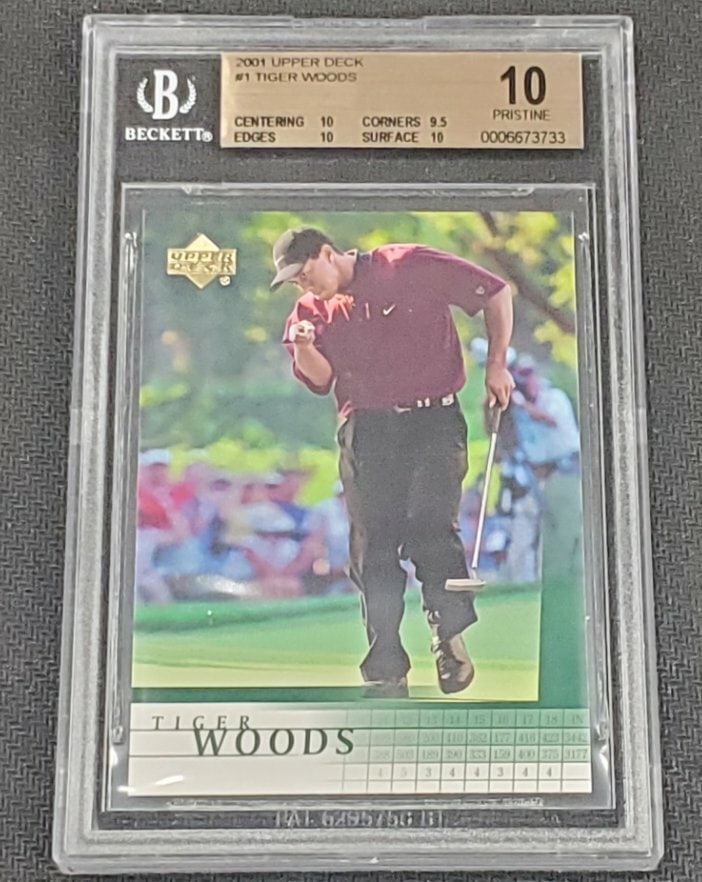 2001 Upper Deck Tiger Woods Rookie Card #1 BGS 10 Graded Golf Collectible: 2001 Upper Deck Tiger Woods Rookie Card #1 BGS 10 Graded Golf Collectible Celebrate the legacy of golf with this 2001 Upper Deck Tiger Woods Rookie Card, featuring the iconic golfer at the start of hi