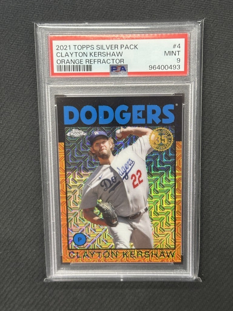 Clayton Kershaw 2021 Topps Orange PSA 9 Dodgers Card #4 25/25: Clayton Kershaw 2021 Topps Orange PSA 9 Dodgers Card #4 25/25 Celebrate the legacy of Clayton Kershaw with this 2021 Topps Silver Pack Orange baseball card. This collectible card is graded a 9 by Prof