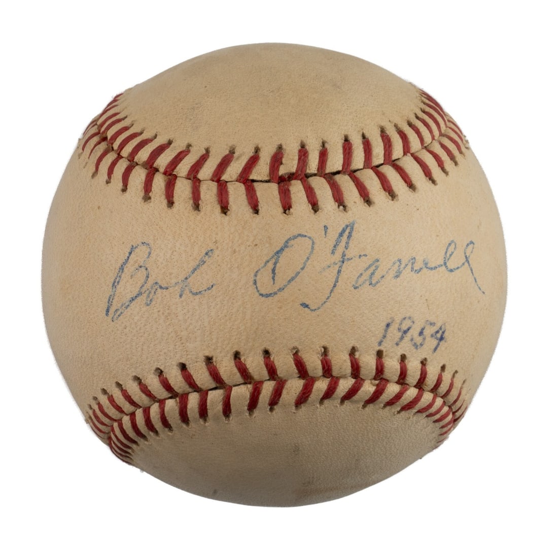 Rare Bob O'Farrell Signed Baseball 1954 St. Louis Cardinals JSA LOA: Rare Bob O'Farrell Signed Baseball 1954 St. Louis Cardinals JSA LOA This original MacGregor "Ridgewood Sports Shop" baseball features a rare single signature by catcher Bob O'Farrell, written in blue 