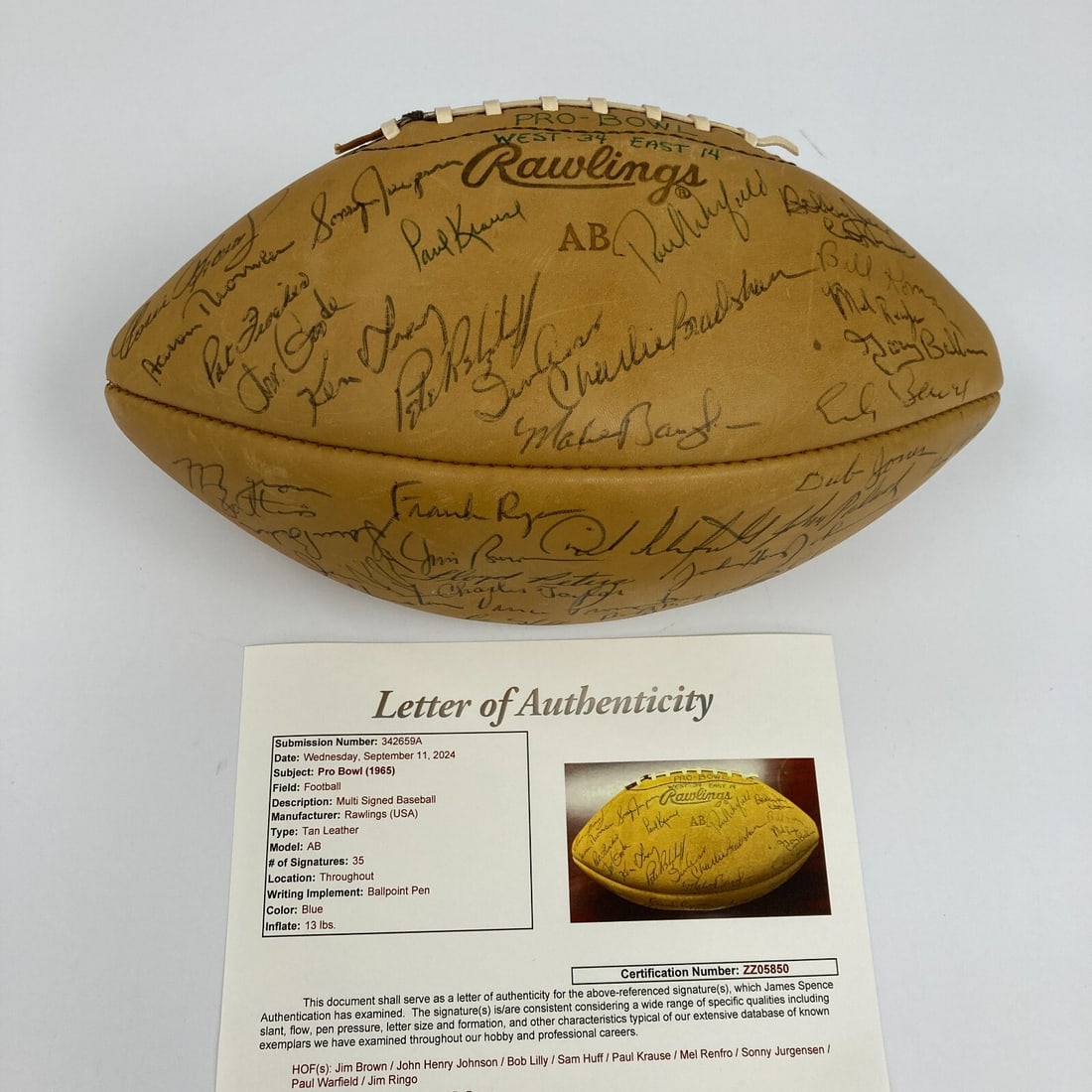 1965 Pro Bowl Team Signed Football 35 Autographs JSA COA Jim Brown: 1965 Pro Bowl Team Signed Football 35 Autographs JSA COA Jim Brown This 1965 Eastern Conference Pro Bowl team signed football features a remarkable collection of 35 autographs from legendary players, 