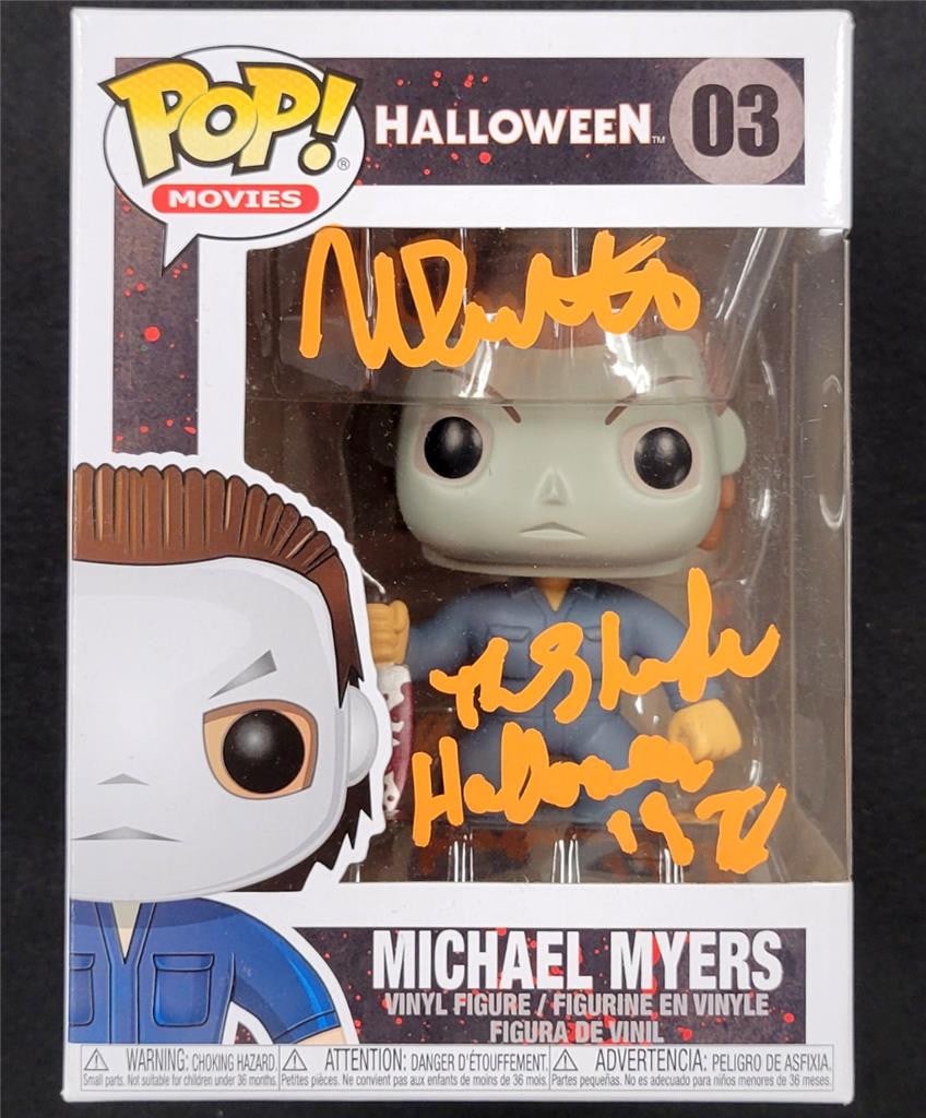 Michael Myers Funko Pop signed and inscribed by Nick Castle Beckett authenticated: Michael Myers Funko Pop signed and inscribed by Nick Castle Beckett authenticated This is an original Funko Pop! figure autographed and inscribed by Nick Castle, who portrayed Michael Myers in the mov
