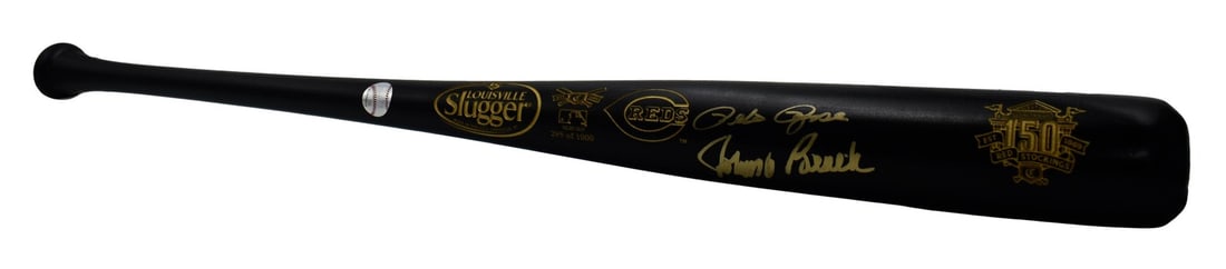 JSA authenticated Reds 150th Anniversary bat signed by Pete Rose and Johnny Bench: JSA authenticated Reds 150th Anniversary bat signed by Pete Rose and Johnny Bench This is a limited edition Louisville Slugger bat commemorating the Cincinnati Reds' 150th Anniversary, signed by Hall 