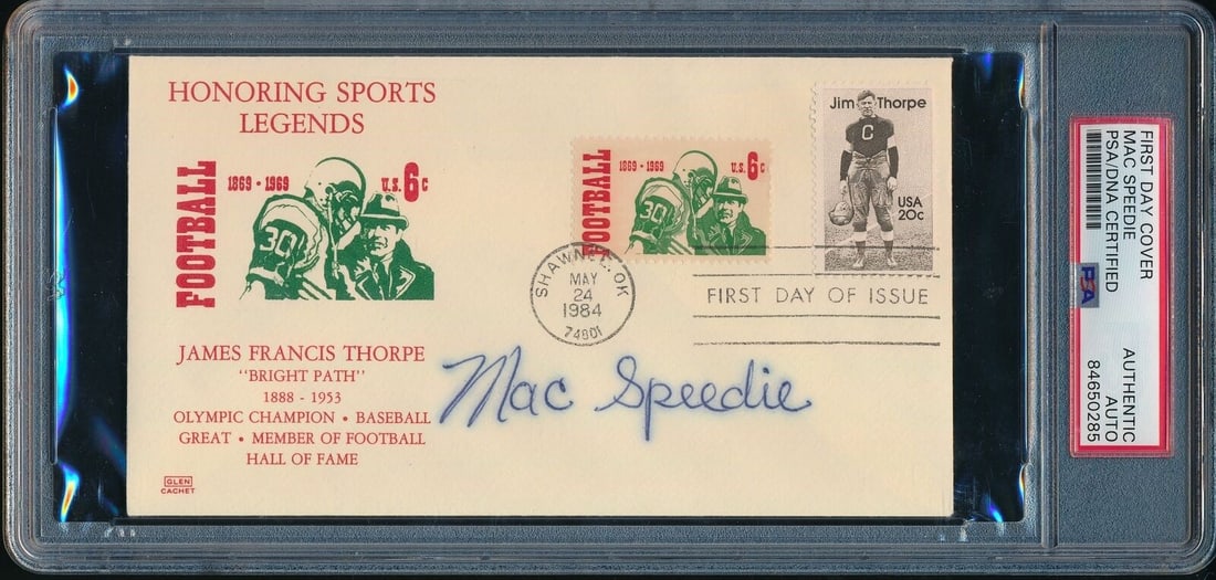 Mac Speedie Autographed 1984 FDC Cleveland Browns PSA/DNA Certified: Mac Speedie Autographed 1984 FDC Cleveland Browns PSA/DNA Certified This is a Mac Speedie Hall of Fame Autographed 1984 First Day Cover envelope featuring Cleveland Browns football legends. The item i