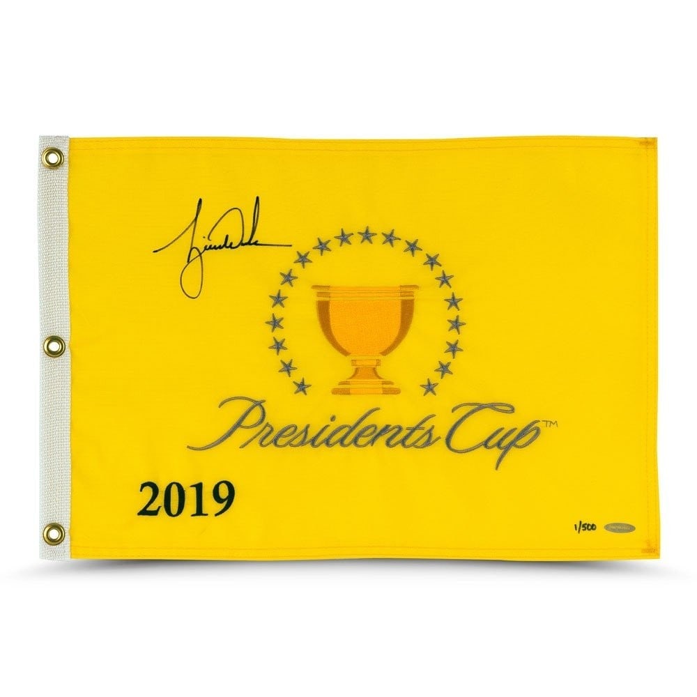 Tiger Woods Autographed 2019 Presidents Cup Flag Limited Edition #/500: Tiger Woods Autographed 2019 Presidents Cup Flag Limited Edition #/500 This limited edition 2019 President's Cup pin flag is signed by golf legend Tiger Woods. With only 500 of these flags produced, i