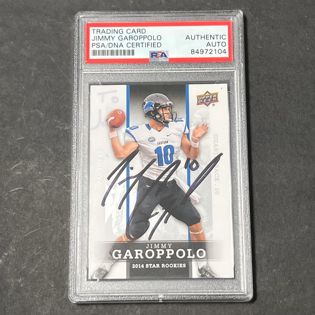 2014 Upper Deck Star Rookies #15 Jimmy Garoppolo Autographed Card PSA/DNA: 2014 Upper Deck Star Rookies #15 Jimmy Garoppolo Autographed Card PSA/DNA This listing features a 2014 Upper Deck Star Rookies #15 card, personally signed by NFL quarterback Jimmy Garoppolo. The autog