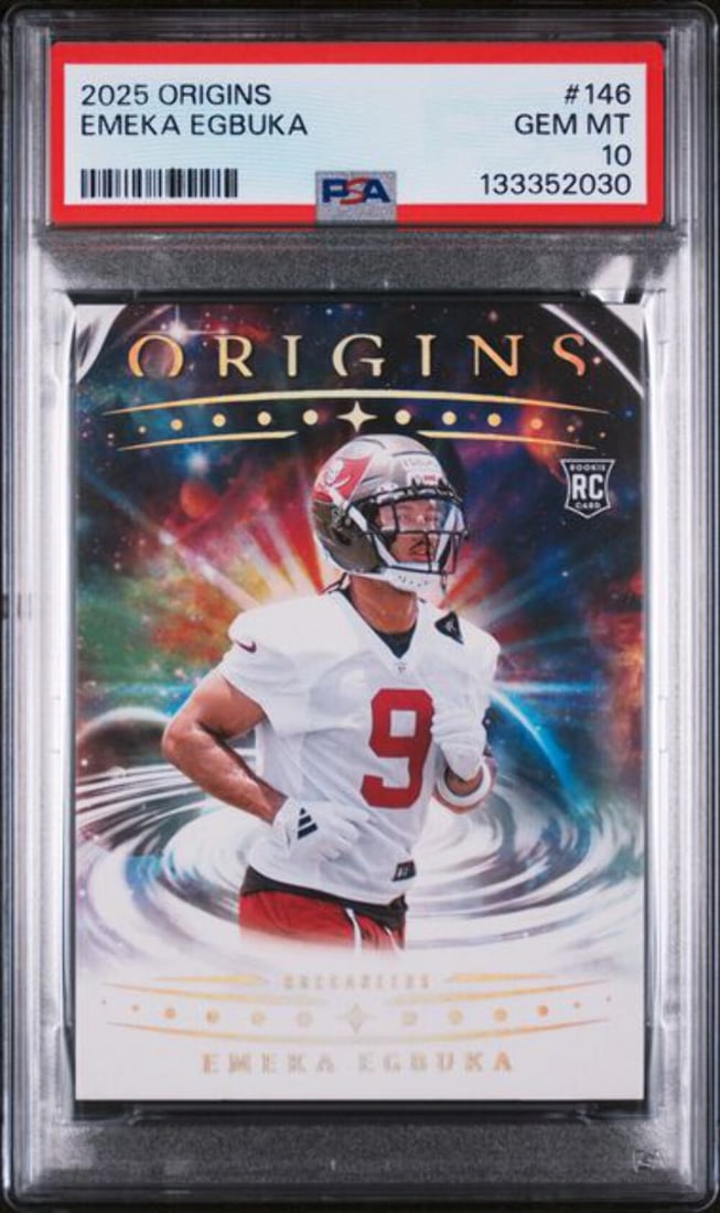 PSA 10 2025 Origins Emeka Egbuka Rookie Card #146 NFL Tampa Bay: PSA 10 2025 Origins Emeka Egbuka Rookie Card #146 NFL Tampa Bay This is a 2025 Panini Origins Emeka Egbuka #146 Rookie RC football card, professionally graded and encapsulated by Professional Sports A