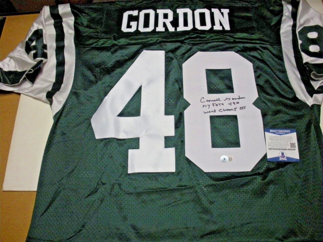 Signed Champion Jersey by Cornell Gordon with Beckett COA New York Jets NFL: Signed Champion Jersey by Cornell Gordon with Beckett COA New York Jets NFL This is an official licensed Champion jersey signed by Cornell Gordon of the New York Jets. The jersey comes with Beckett/CO