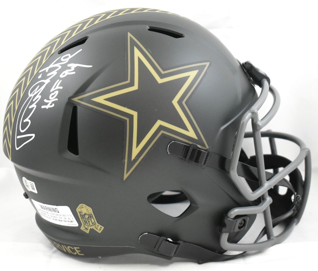 Dallas Cowboys Salute 25 Speed Helmet Signed by Randy White with Beckett Hologram: Dallas Cowboys Salute 25 Speed Helmet Signed by Randy White with Beckett Hologram This full-size Dallas Cowboys Salute 25 Speed helmet features an autograph from Randy White. The helmet is an original