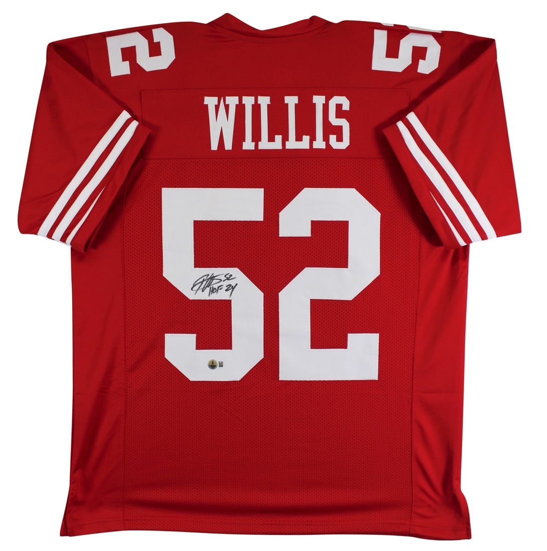 Patrick Willis Signed Red Jersey With HOF 24 Inscription BAS Witnessed: Patrick Willis Signed Red Jersey With HOF 24 Inscription BAS Witnessed This pre-owned red pro style jersey features the authentic signature and "HOF 24" inscription by Patrick Willis of the San Franci