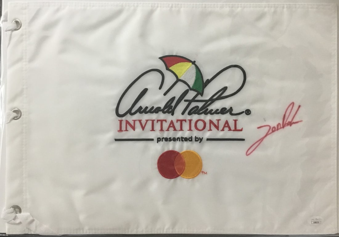Jon Rahm Signed Arnold Palmer Invitational Flag JSA AK80793: Jon Rahm Signed Arnold Palmer Invitational Flag JSA AK80793 Celebrate your love for golf with this official Arnold Palmer Invitational pin flag, personally signed by professional golfer Jon Rahm. The 