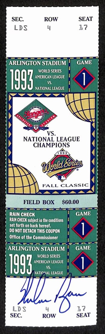 Signed Nolan Ryan 1993 World Series Game 1 Phantom Full Ticket Texas Rangers: Signed Nolan Ryan 1993 World Series Game 1 Phantom Full Ticket Texas Rangers This is a pre-owned full ticket from the 1993 World Series Game 1 Phantom, signed by Nolan Ryan of the Texas Rangers. It