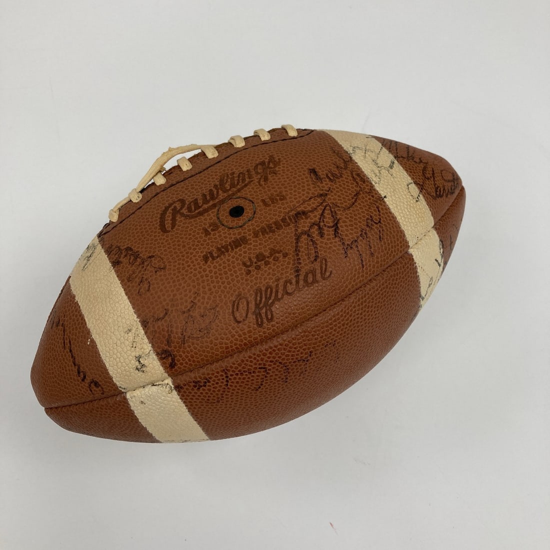 Rawlings Football Signed by 1970 Kansas City Chiefs Team Members: Rawlings Football Signed by 1970 Kansas City Chiefs Team Members This vintage Rawlings Kansas City Chiefs football from 1970 is an original team-signed collectible featuring over 15 signatures from pl