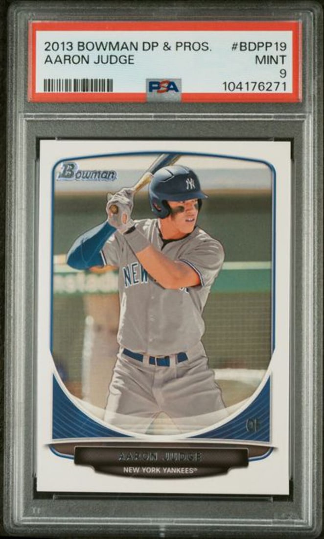 Graded 2013 Topps Bowman Draft Aaron Judge #MVP RC PSA 9 Authentic: Graded 2013 Topps Bowman Draft Aaron Judge #MVP RC PSA 9 Authentic This graded 2013 Topps Bowman Draft Picks & Prospects Aaron Judge #MVP rookie card is encapsulated and has received a grade of 9 from