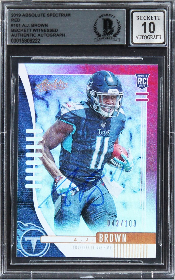 A.J. Brown 2019 Absolute Spectrum RC #101 Autographed Gem Mint 10 Beckett: A.J. Brown 2019 Absolute Spectrum RC #101 Autographed Gem Mint 10 Beckett This 2019 Absolute Spectrum Red #101 Rookie card features A.J. Brown of the Philadelphia Eagles, showcasing an autograph grade