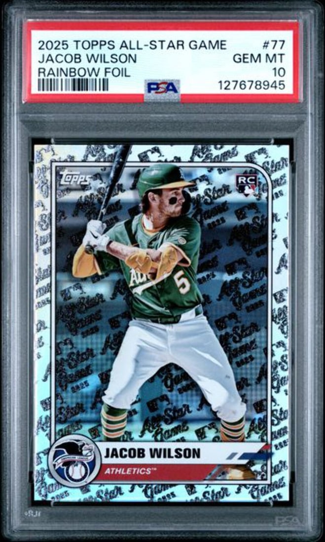 2025 Topps Jacob Wilson #77 Rainbow Foil RC Card PSA 10: 2025 Topps Jacob Wilson #77 Rainbow Foil RC Card PSA 10 This is a graded 2025 Topps All Star Game Jacob Wilson #77 Rainbow Foil RC Card, encapsulated and graded by Professional Sports Authenticator (P