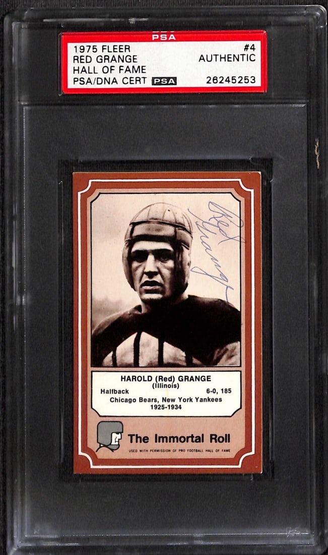 Red Grange Autographed 1975 Fleer Immortal Roll Card PSA/DNA: Red Grange Autographed 1975 Fleer Immortal Roll Card PSA/DNA This autographed 1975 Fleer Immortal Roll sports trading card features the signature of legendary NFL Hall of Famer Red Grange, known for h