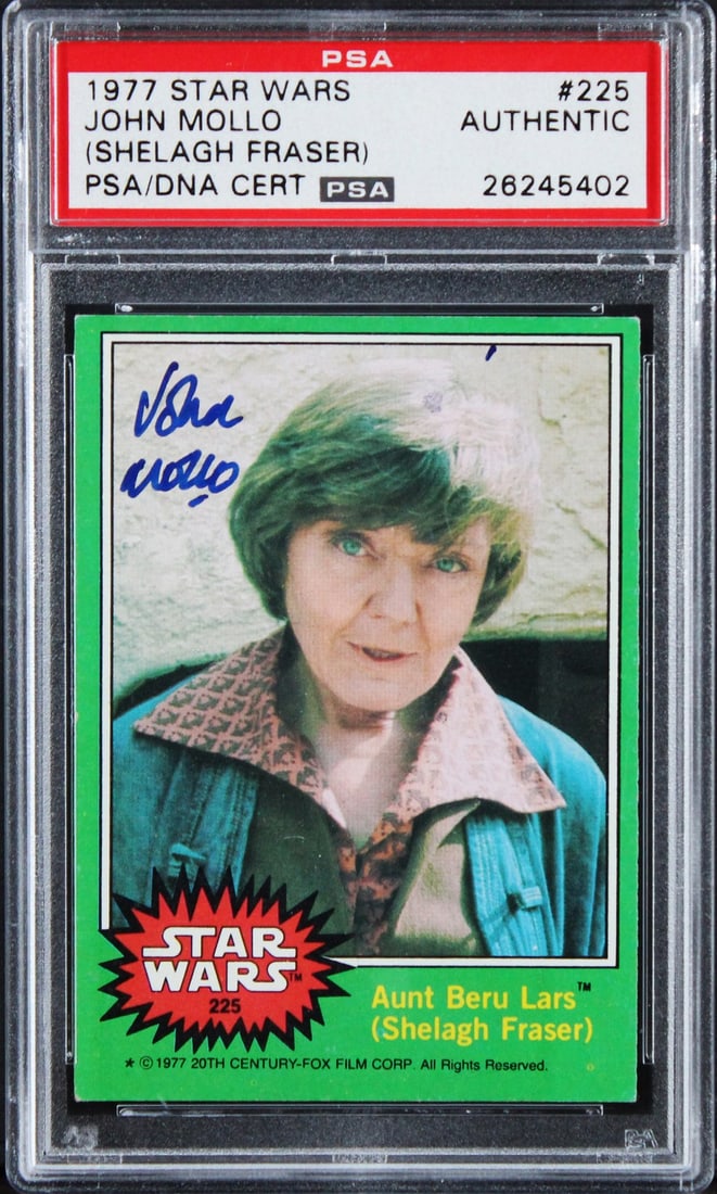 PSA DNA Slabbed 1977 Star Wars Card Signed by John Mollo: PSA DNA Slabbed 1977 Star Wars Card Signed by John Mollo This 1977 Star Wars #225 card has been personally signed by John Mollo, a notable figure associated with the Star Wars franchise. The card is a