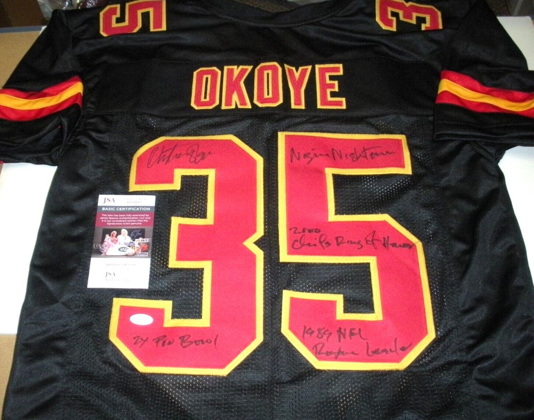 Kansas City Chiefs Jersey Signed by Christian Okoye With Four Inscriptions Beckett COA: Kansas City Chiefs Jersey Signed by Christian Okoye With Four Inscriptions Beckett COA This is a pre-owned Kansas City Chiefs jersey signed by Christian Okoye. The jersey features four inscriptions an