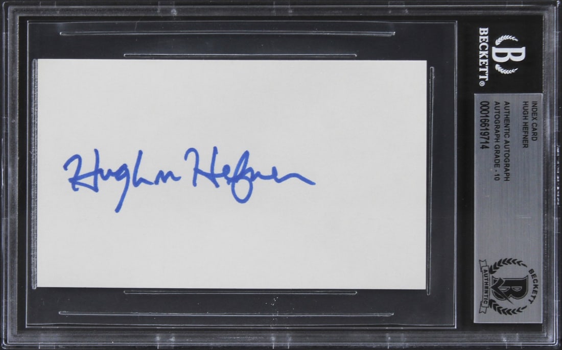 Hugh Hefner Signed 3x5 Index Card Gem Mint 10 BAS Authenticated: Hugh Hefner Signed 3x5 Index Card Gem Mint 10 BAS Authenticated This is a rare autographed 3x5 index card personally signed by Hugh Hefner, the iconic founder of Playboy. Graded Gem Mint 10 by Beckett