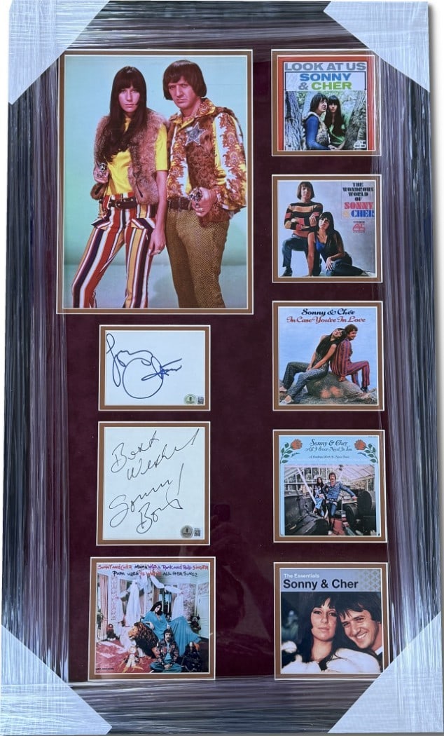 Sonny & Cher Autographed Cuts Custom Framed Beckett Authenticated 20x37: Sonny & Cher Autographed Cuts Custom Framed Beckett Authenticated 20x37 This custom framed piece features authentic autographs from the iconic pop duo Sonny & Cher. The signed cuts include the signatu