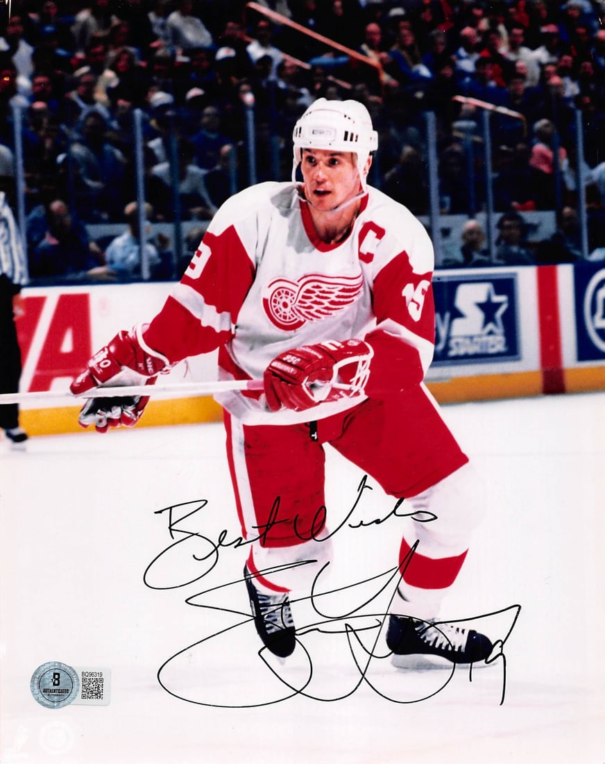 Steve Yzerman Signed 8x10 Photo with Best Wishes BAS Authenticated: Steve Yzerman Signed 8x10 Photo with Best Wishes BAS Authenticated This authentic 8x10 photo features a personal inscription of "Best Wishes" by Steve Yzerman, the legendary player from the Detroit Re