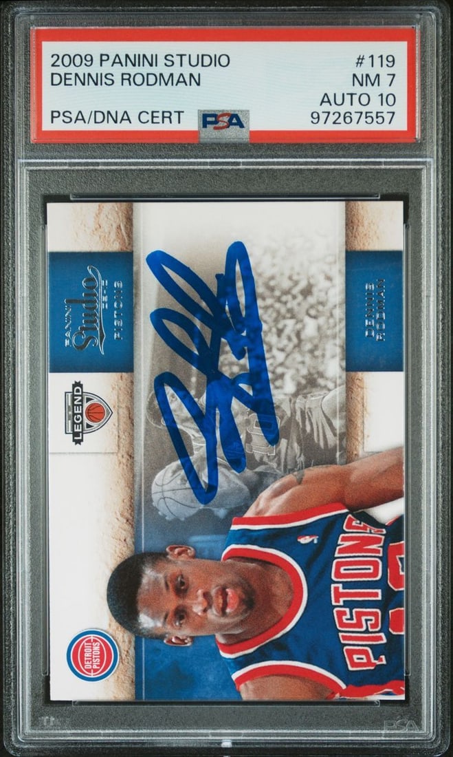 2009 Panini Studio #119 Dennis Rodman PSA/DNA Signed Card AUTO 10: 2009 Panini Studio #119 Dennis Rodman PSA/DNA Signed Card AUTO 10 This listing features a 2009 Panini Studio #119 trading card signed by basketball legend Dennis Rodman. The signature has been authent