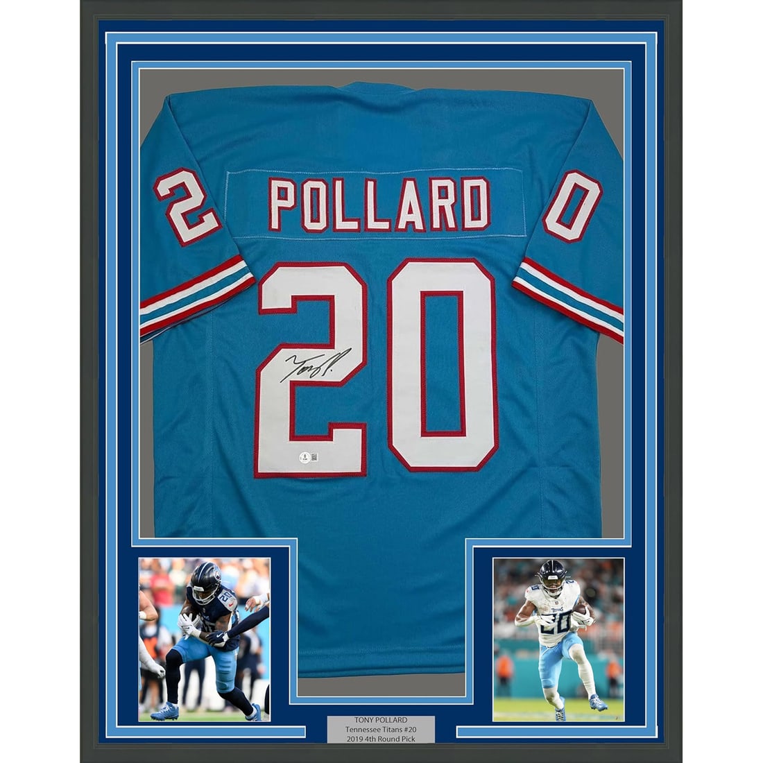 Framed Tony Pollard Autographed Tennessee Titans Jersey with Beckett COA: Framed Tony Pollard Autographed Tennessee Titans Jersey with Beckett COA Celebrate your fandom with this professionally framed and matted autographed Tennessee Titans retro jersey, featuring the signa