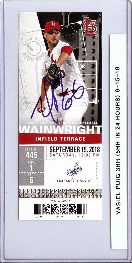 Yasiel Puig JSA Authenticated Signed Dodgers Three Home Run Game Ticket 9-15-18: Yasiel Puig JSA Authenticated Signed Dodgers Three Home Run Game Ticket 9-15-18 This is an original ticket stub from the Los Angeles Dodgers game on September 15, 2018, where Yasiel Puig hit three hom