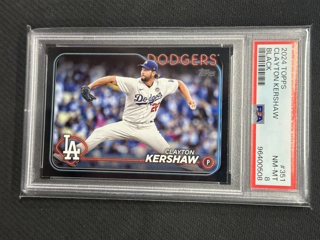 Clayton Kershaw 2024 Topps Black Border PSA 8 Dodgers Card #351: Clayton Kershaw 2024 Topps Black Border PSA 8 Dodgers Card #351 This is a 2024 Topps Black Border baseball card featuring Clayton Kershaw, a prominent player for the Los Angeles Dodgers. The card is g